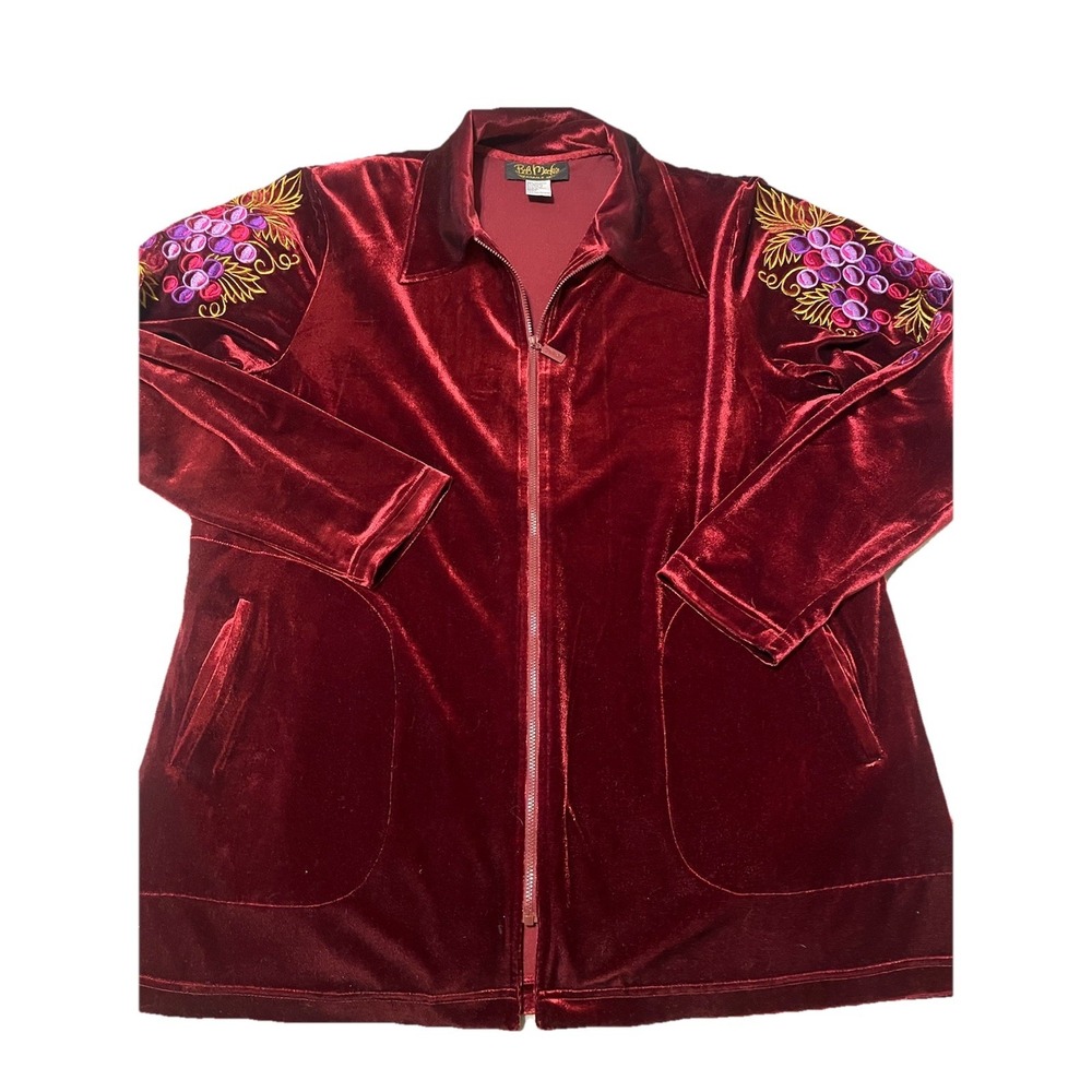 Vtg Bob Mackie Track Jacket Womens L Red Embroidered Grapes ZipUp Velour Art